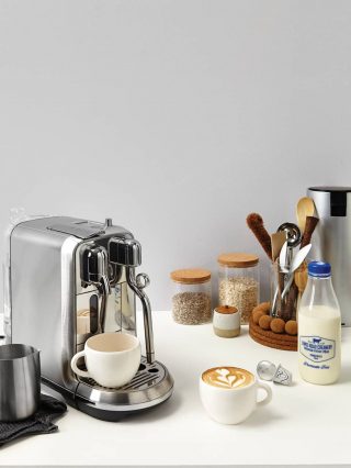 FROM LEFT Nespresso Creatista Plus machine (with milk jug), $899; limited-edition Festive Variations Grands Crus coffee, $11.30/sleeve; chromium-plated recycling canister, $35, nespresso.com. https://www.nespresso.com/nz/en/All other items stylist’s own.